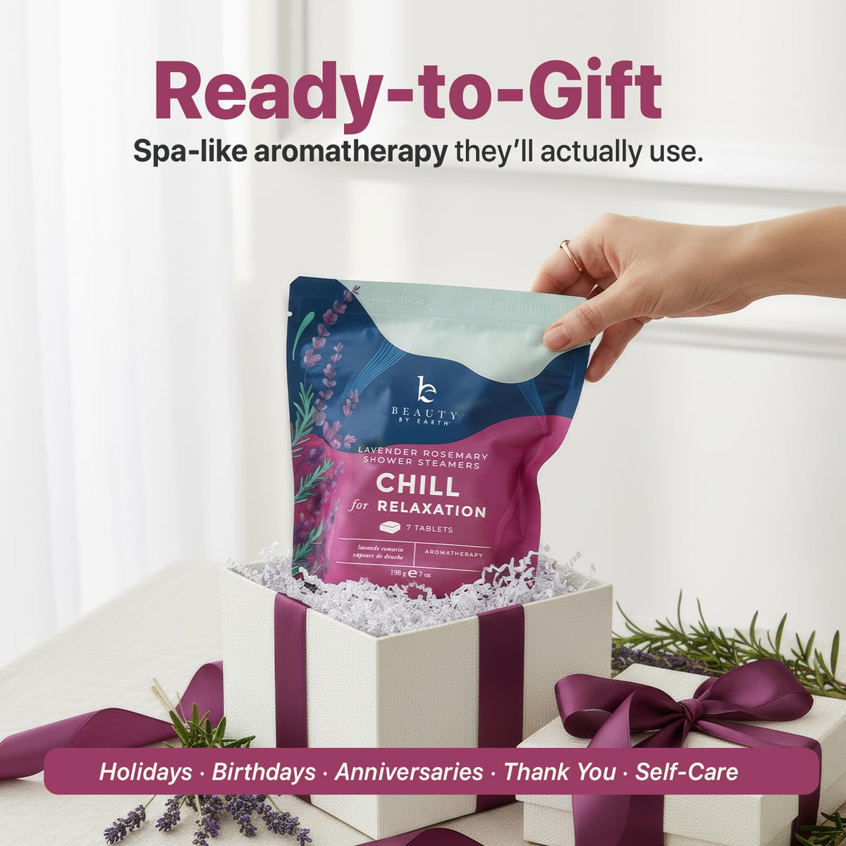 Beauty by Earth Lavender Shower Steamers with lavender flowers
