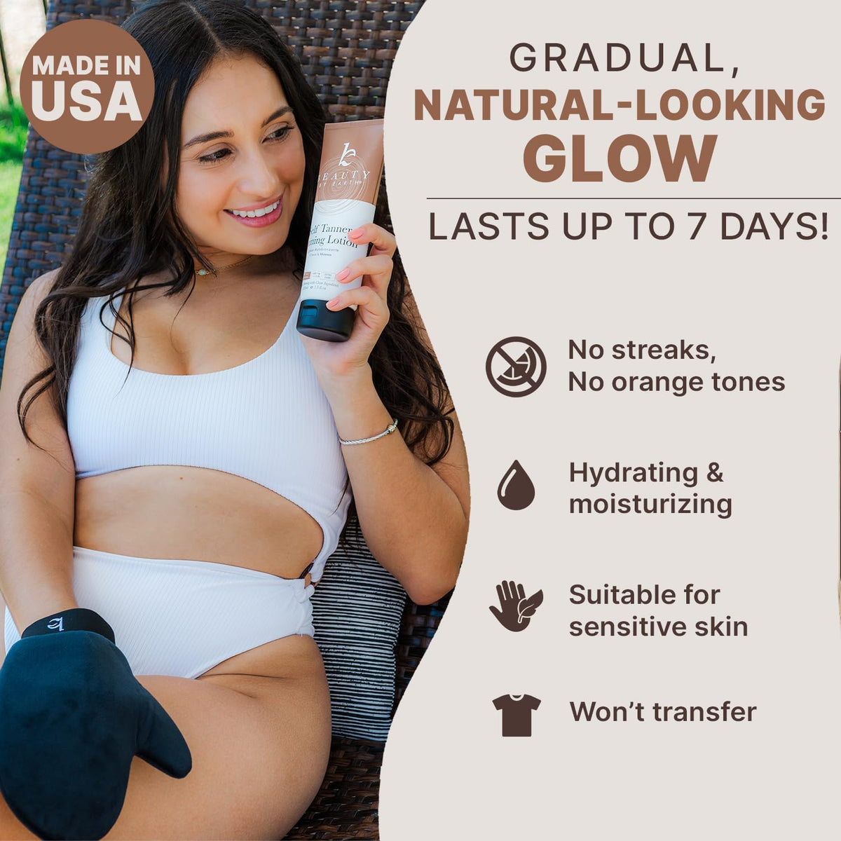 Beauty by Earth Self Tanner bottle with natural ingredients