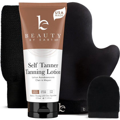 Beauty by Earth Self Tanner front view with tanning mitt