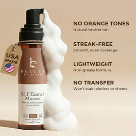 Beauty by Earth Self Tanner Mousse application on skin with a tanning mitt