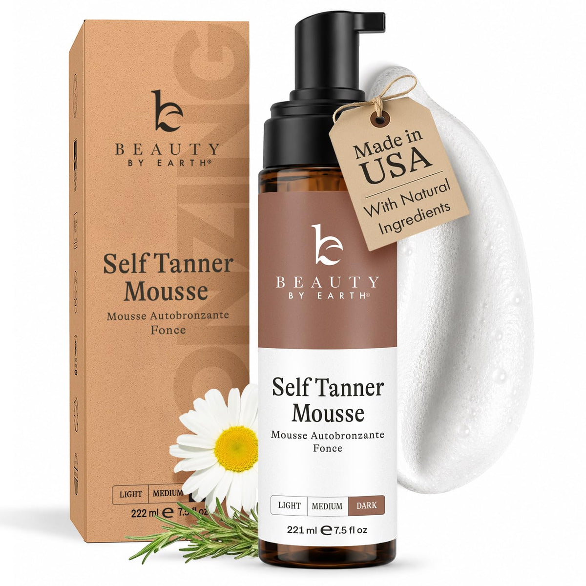 Beauty by Earth Self Tanner Mousse front view with packaging