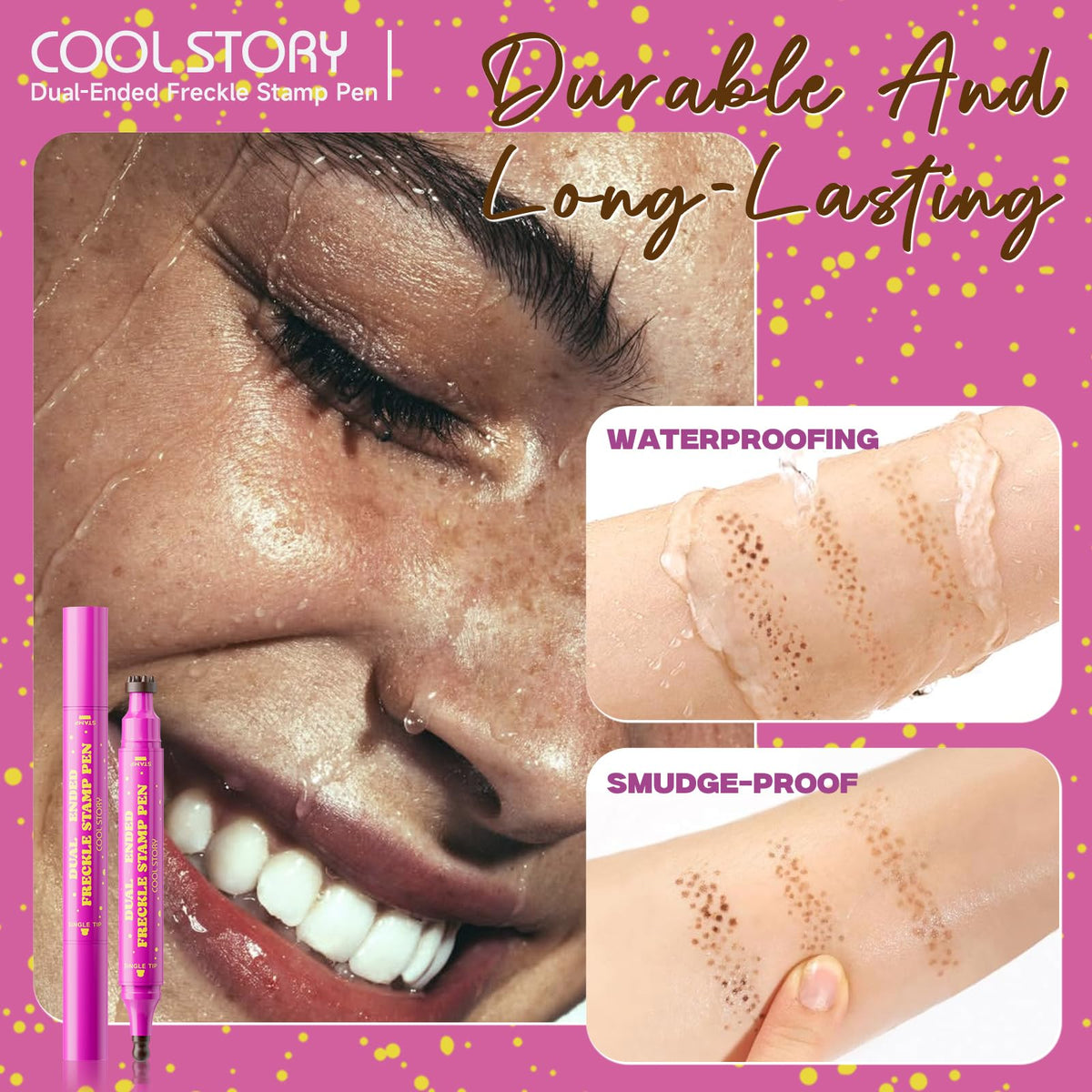 Beauty Glazed freckle pen in hand showcasing dual-ended design