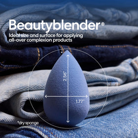 beautyblender Denim Makeup Sponge on a makeup table