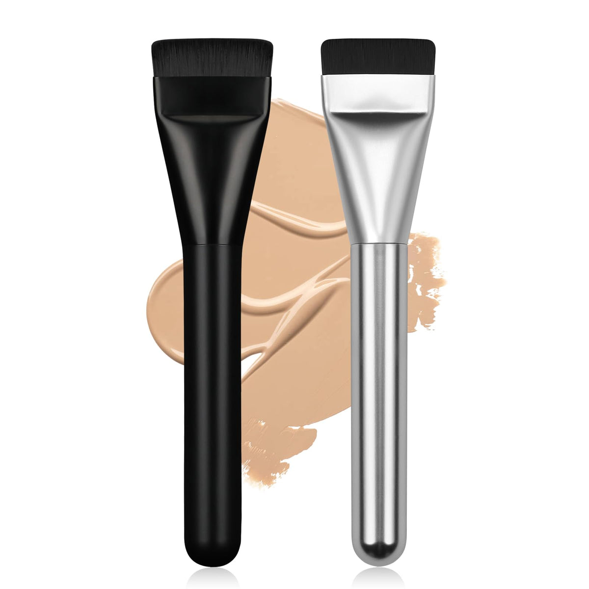 BEAUTYFACTOR Flat Foundation Brush Set front view with black and silver brushes