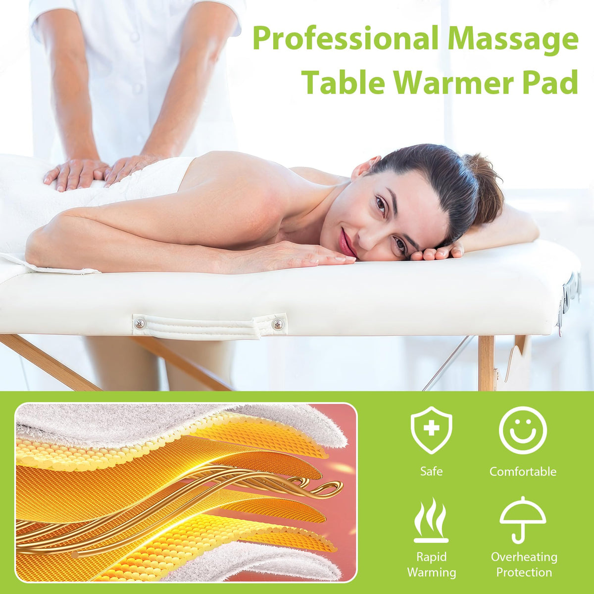 BECALIN Massage Table Warmer on a massage table with timer settings displayed