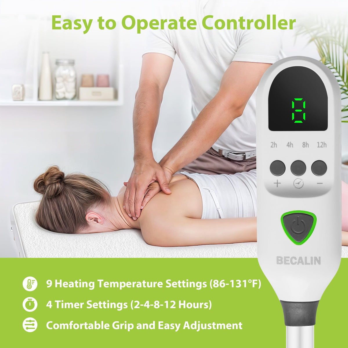 BECALIN Massage Table Warmer Pad showing 9 heat settings
