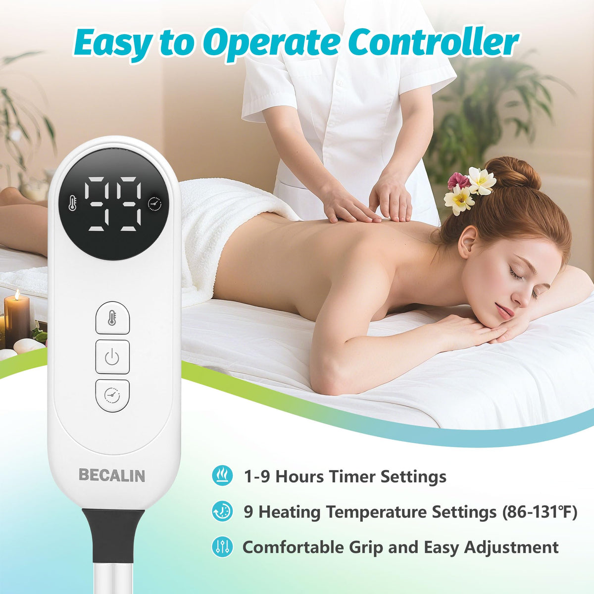 BECALIN Massage Table Warmer showing 9 heat settings