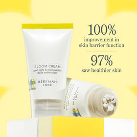Beekman 1802 Bloom Cream Goat Milk Face Moisturiser tube with floral background