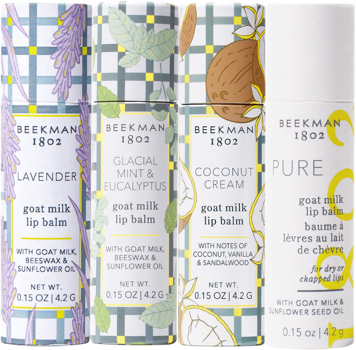 Beekman 1802 lip balm in hand with a natural outdoor setting