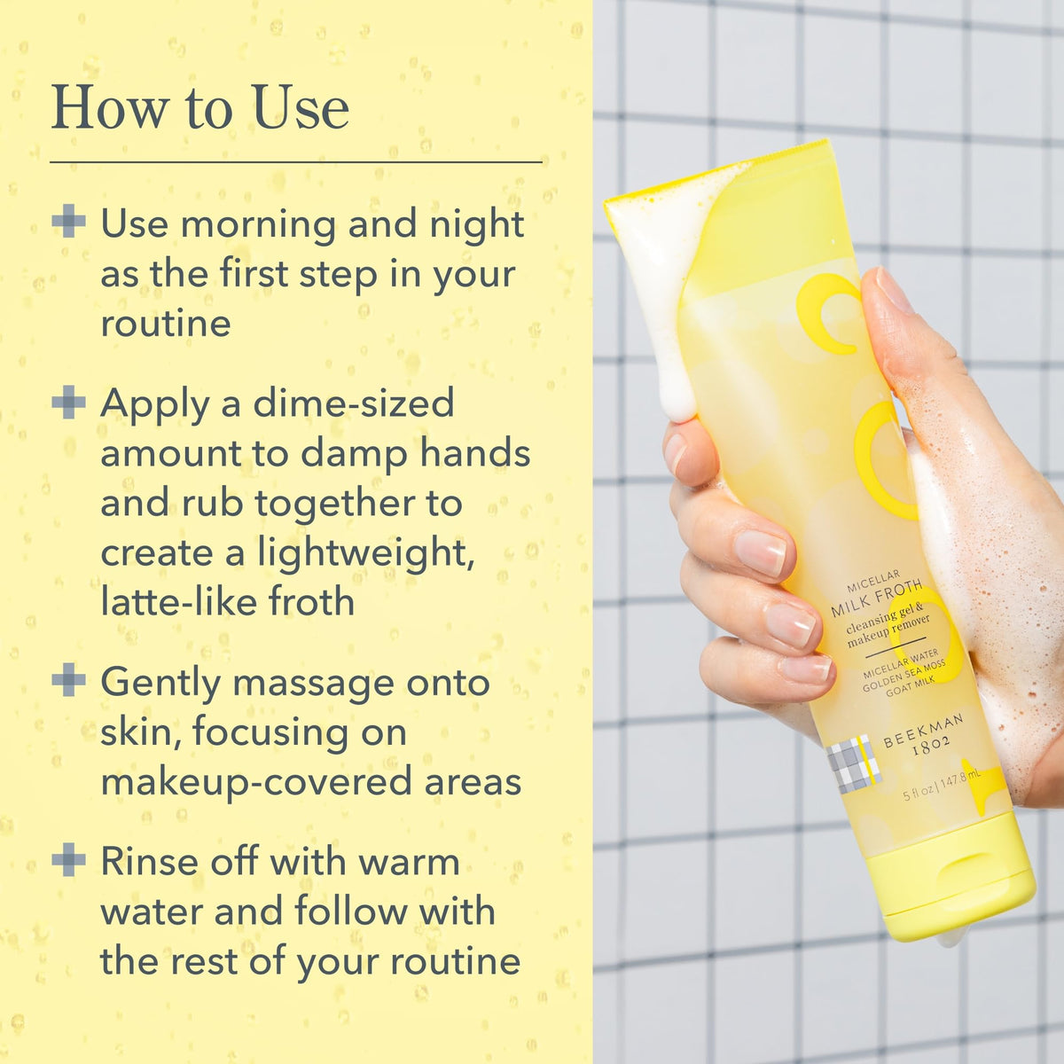 Beekman 1802 Micellar Milk Froth Face Wash with foam texture