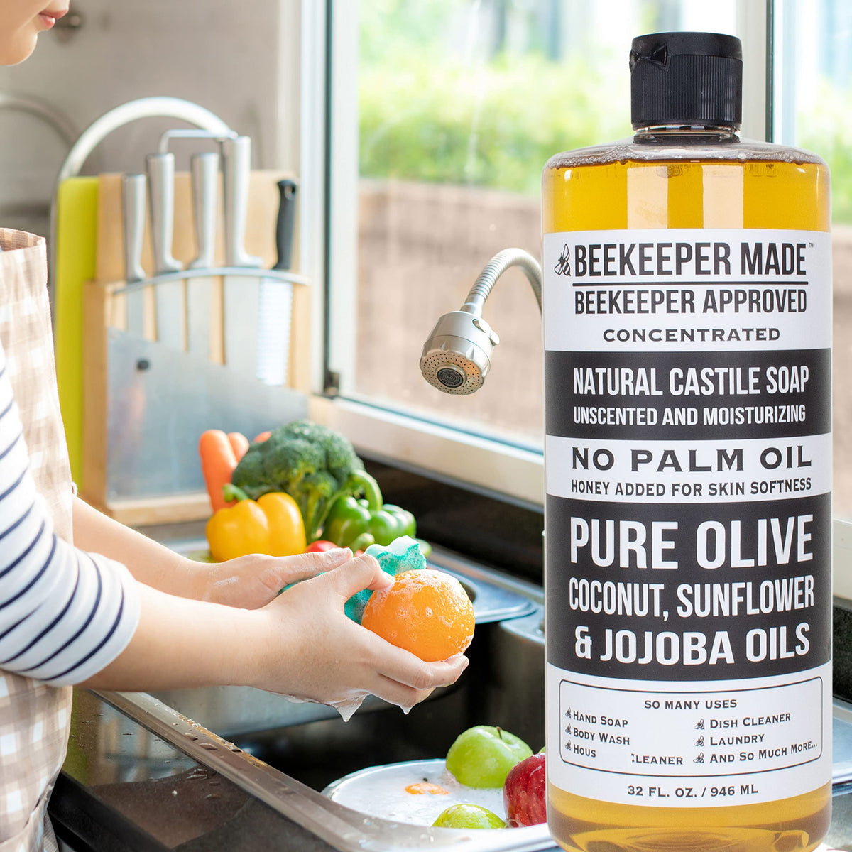 Beessential Natural Castile Soap Lavender pouring into hand