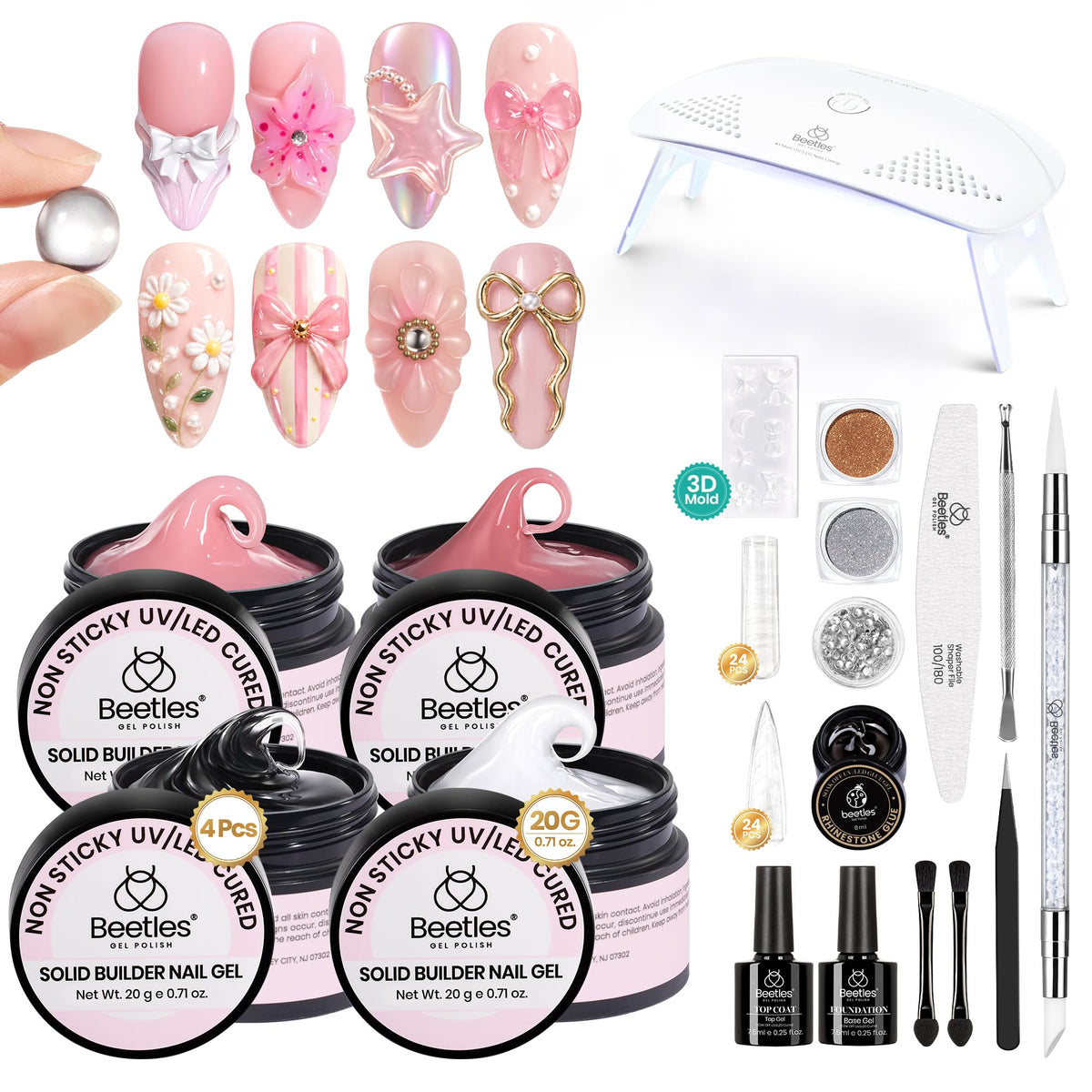 beetles 3D Gel Nail Art Kit front view with nail lamp and tools