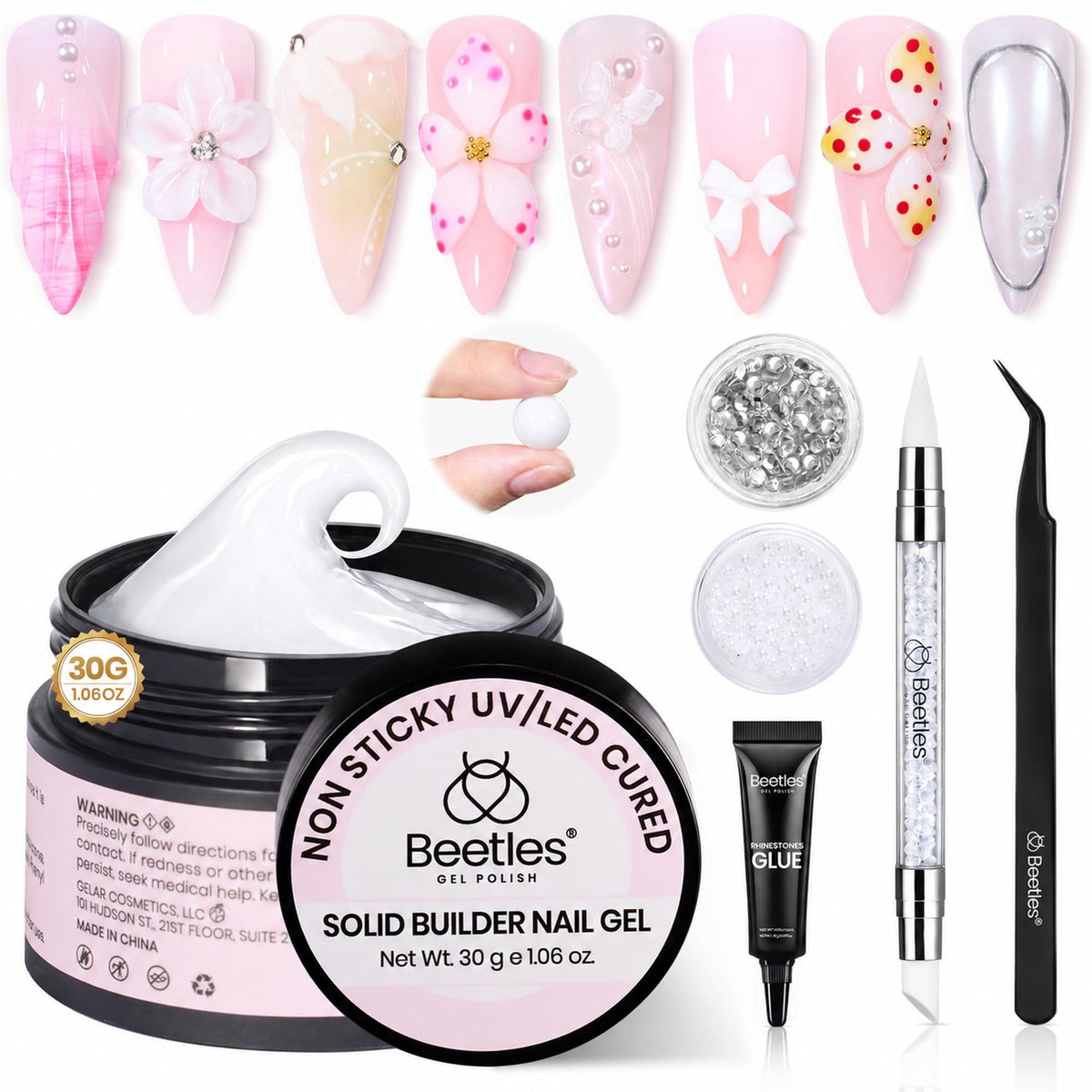 beetles 3D Gel Nail Art white solid builder gel front view