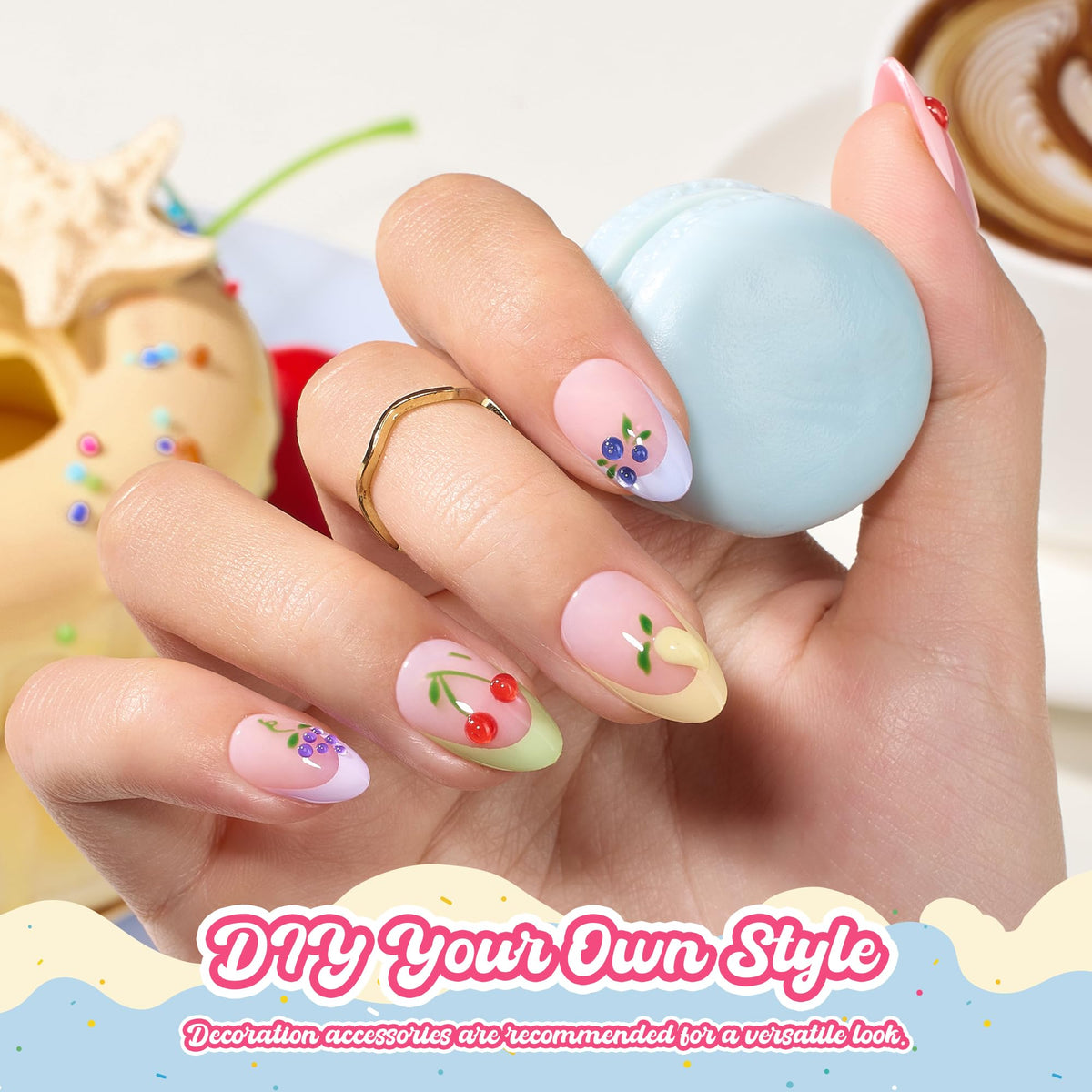 beetles acrylic nails with a cute macaroon French design