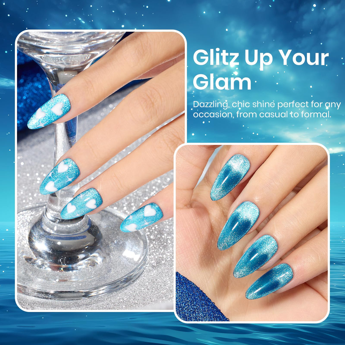 beetles Blue Cat Eye Gel Polish on a nail art display