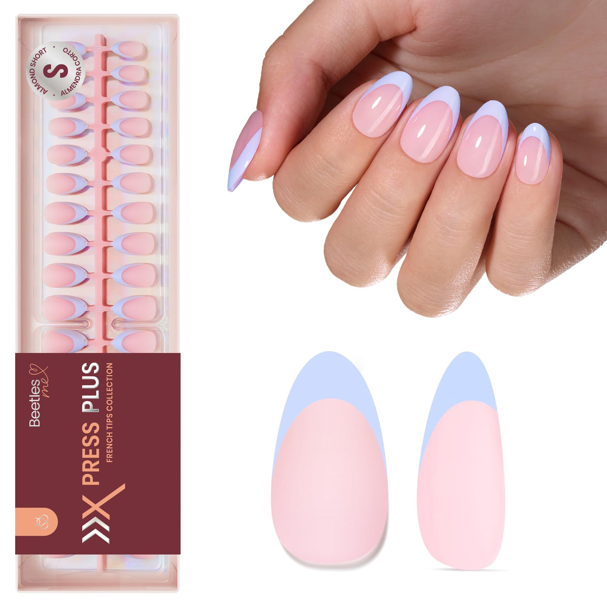 Beetles Blue French Tips Press On Nails packaging display