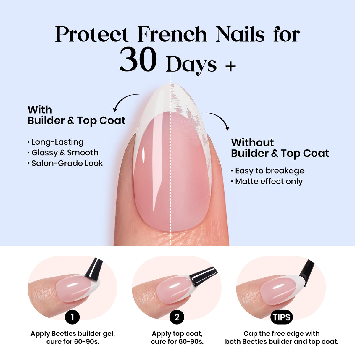 Beetles Blue French Tips Press On Nails with embellishments applied