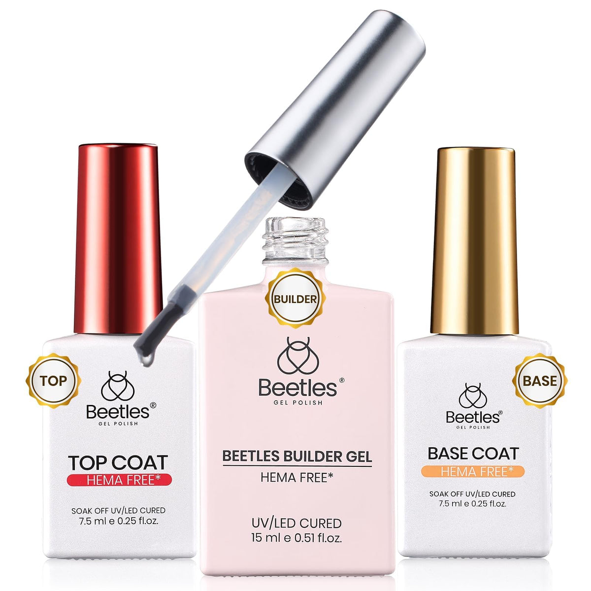 beetles Builder Gel Set including clear builder gel, base coat, and top coat