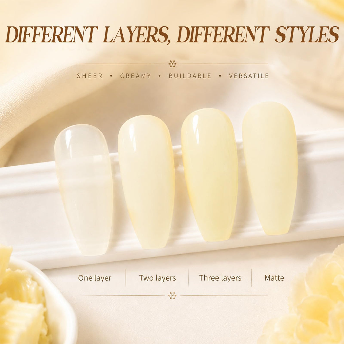beetles Butter Veil Yellow Jelly Gel Nail Polish 15ML applied on nails