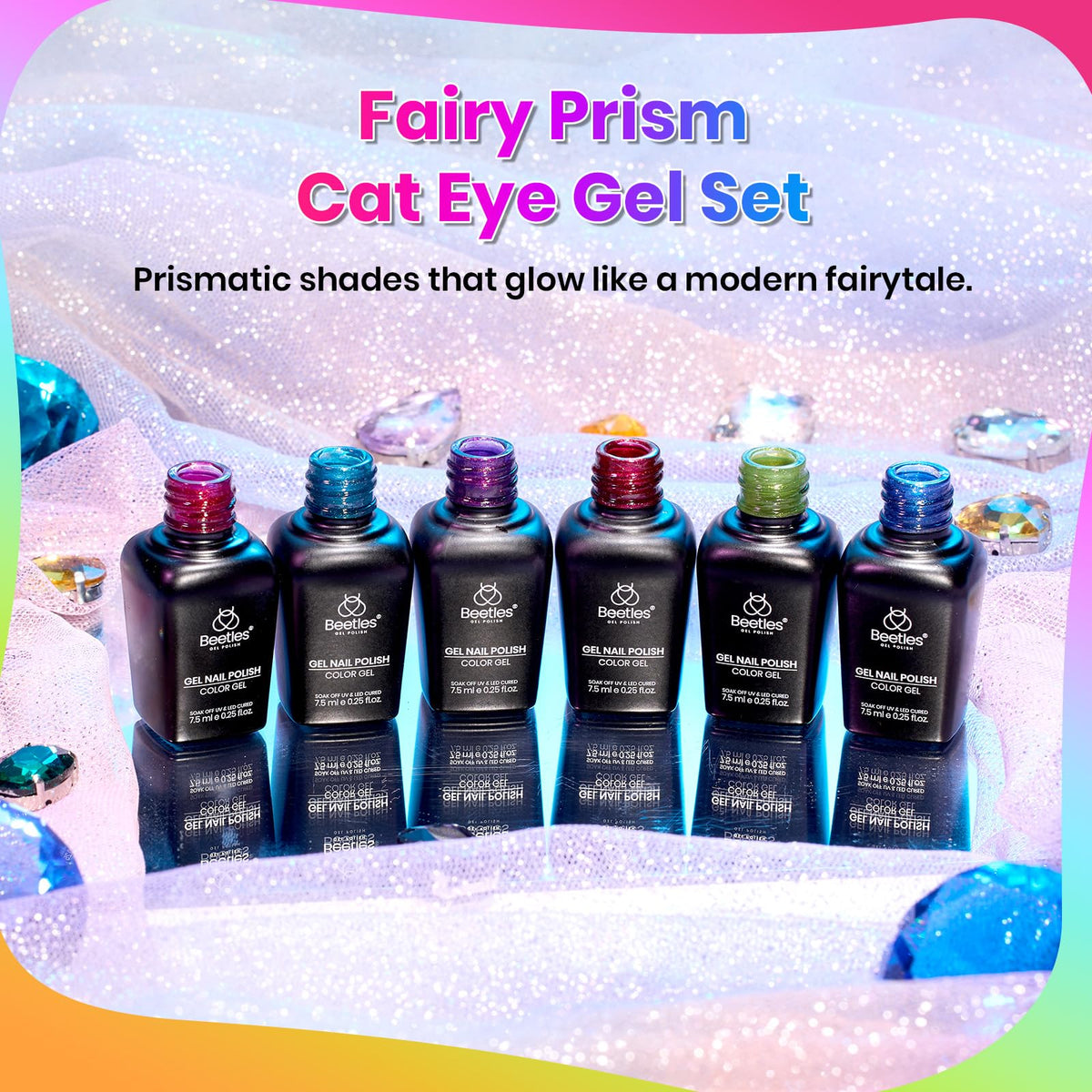 beetles Cat Eye Gel Nail Polish set displayed with accessories