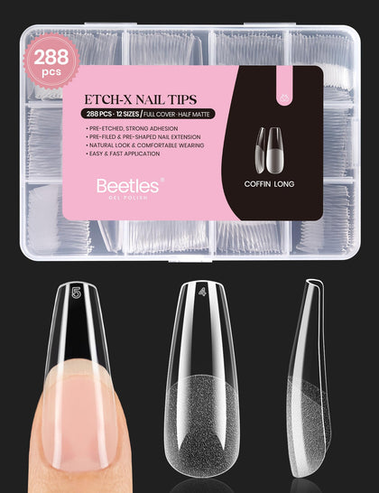 beetles Coffin Long Gel Nail Tips pre-etched design front view