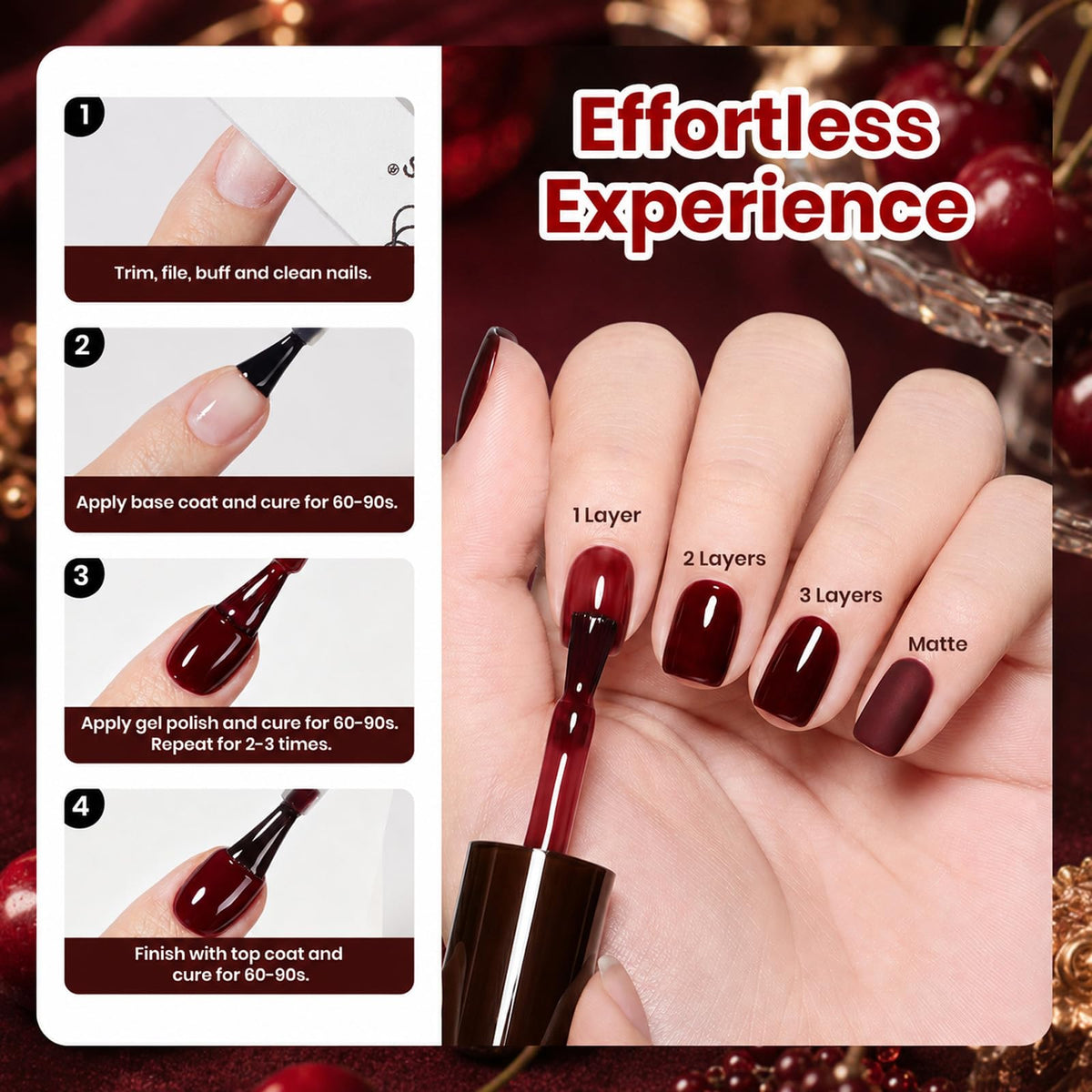 beetles Dark Red Gel Nail Polish Cherry Allure 15ML with swatches