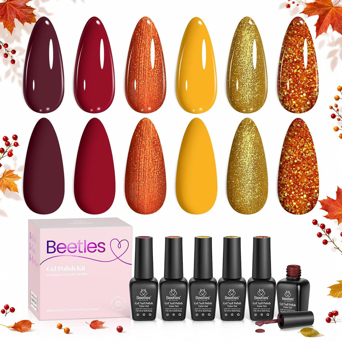 Beetles Fall Gel Nail Polish Set front view with six bottles