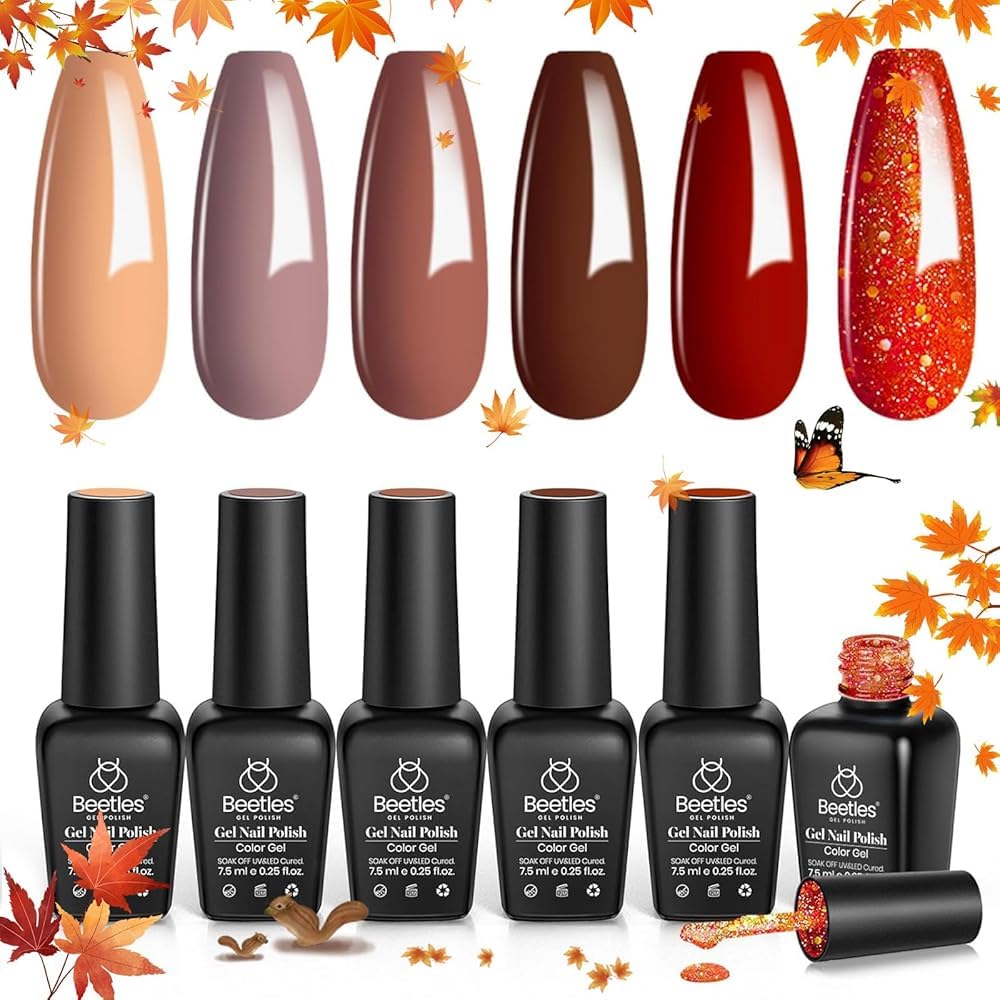 Beetles Fall Gel Nail Polish Set with 6 caramel shades front view