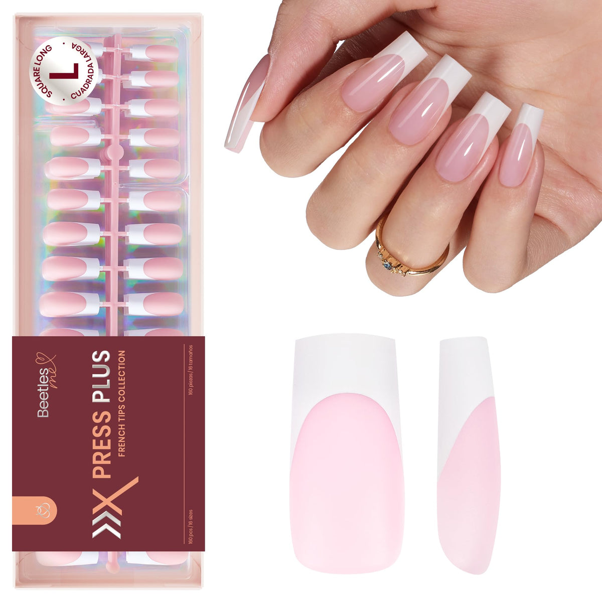Beetles French Tip Press On Nails 160 Pcs Pink front view