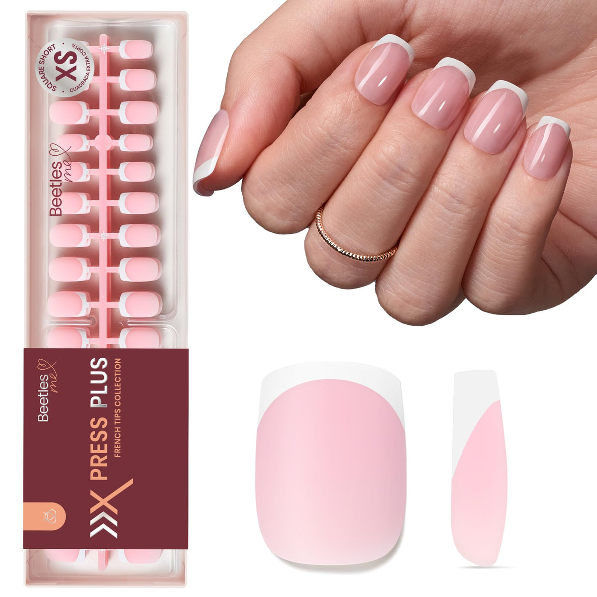 beetles French Tip Press On Nails 210 Pcs extra short pink front view