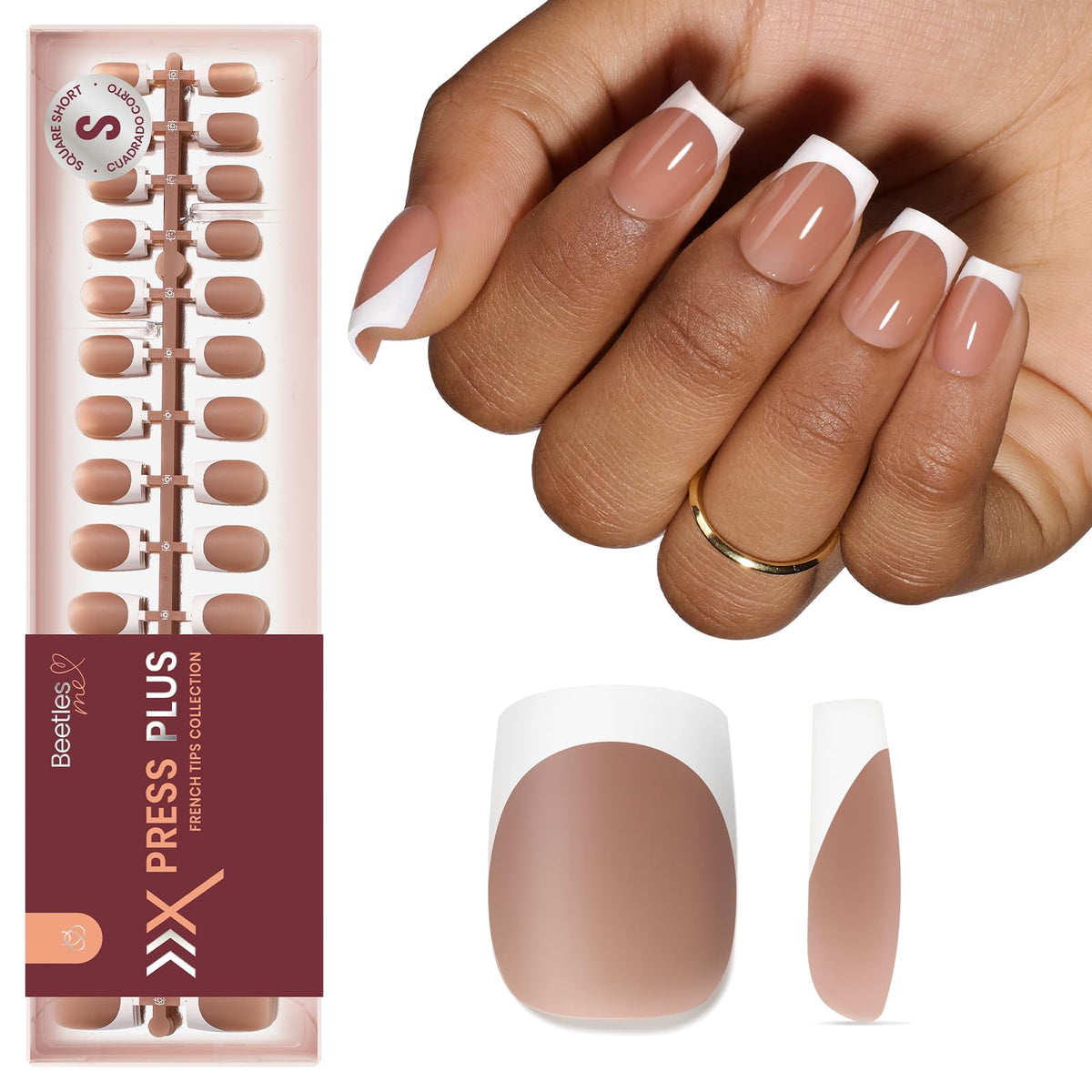 beetles French Tip Press On Nails brown short square front view