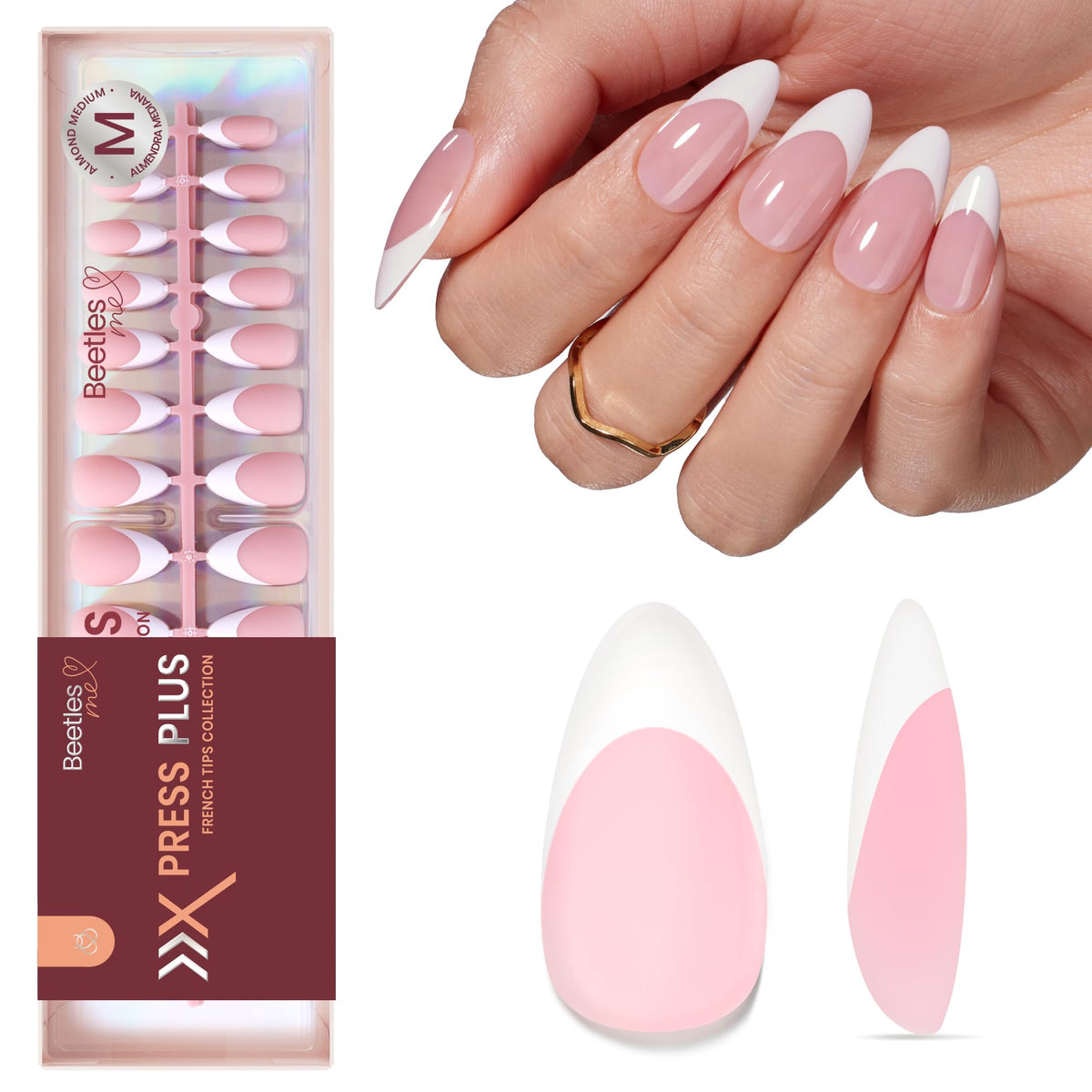 Beetles French Tips Press On Nails 210 pcs medium almond front view