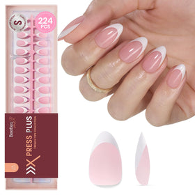 Beetles French Tips Press On Nails 224 Pcs Short Almond Pink front view