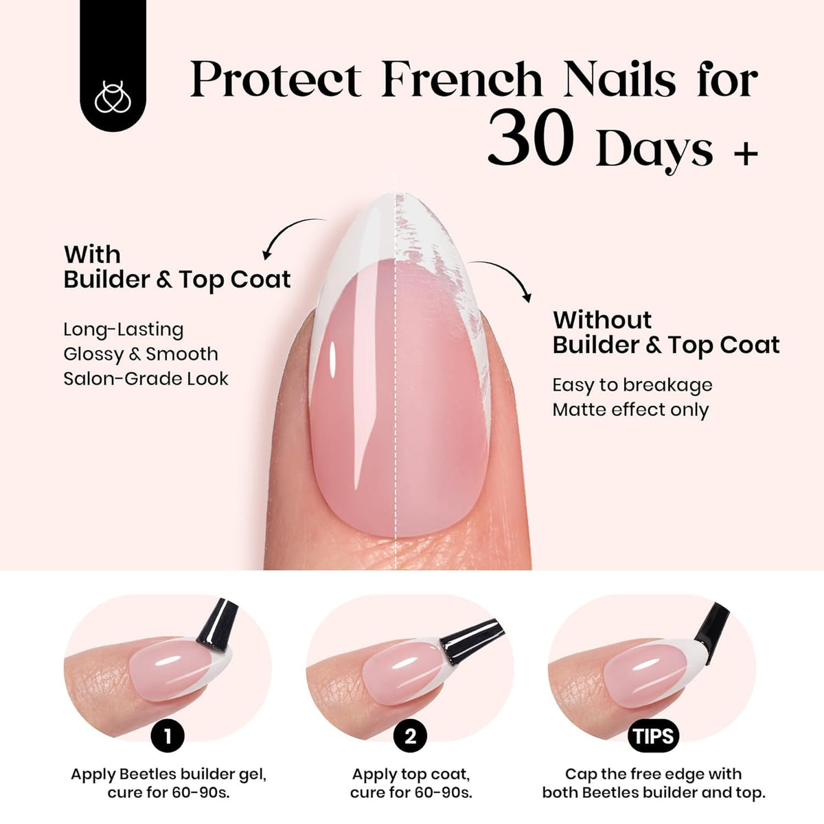 Beetles French Tips Press On Nails with decorative diamonds