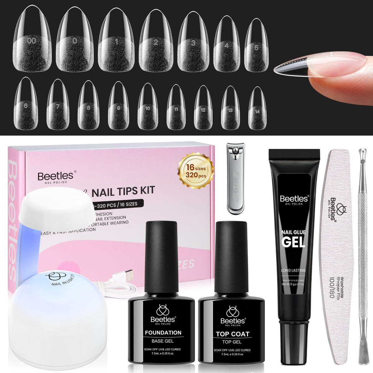 beetles Gel Nail Kit Curve-EX front view with nail tips and tools