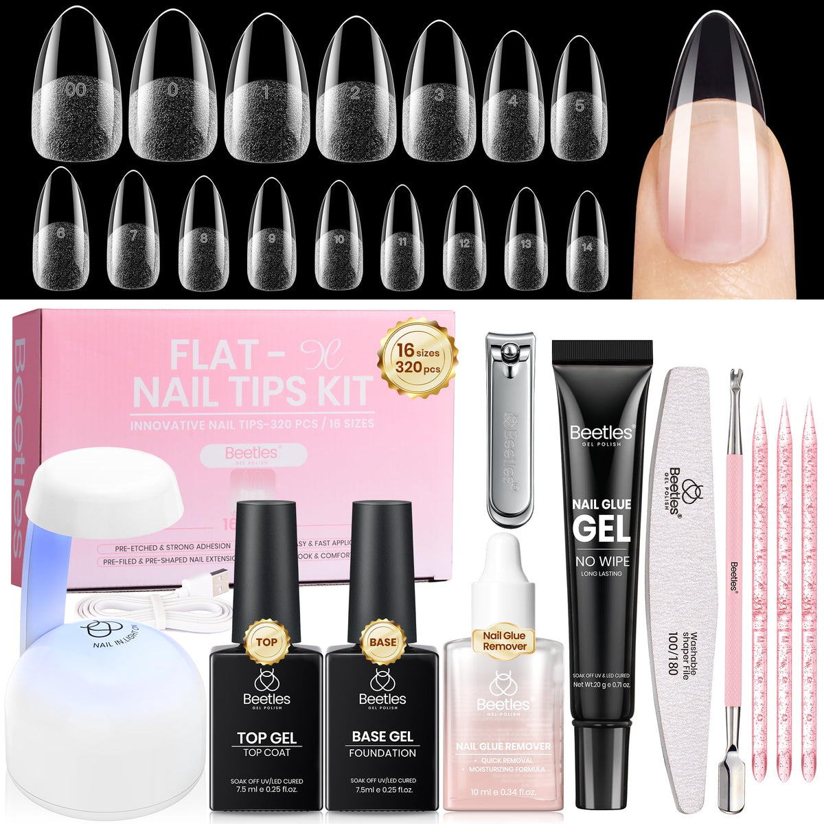 beetles Gel Nail Kit Flat-X Almond Medium 320pcs front view