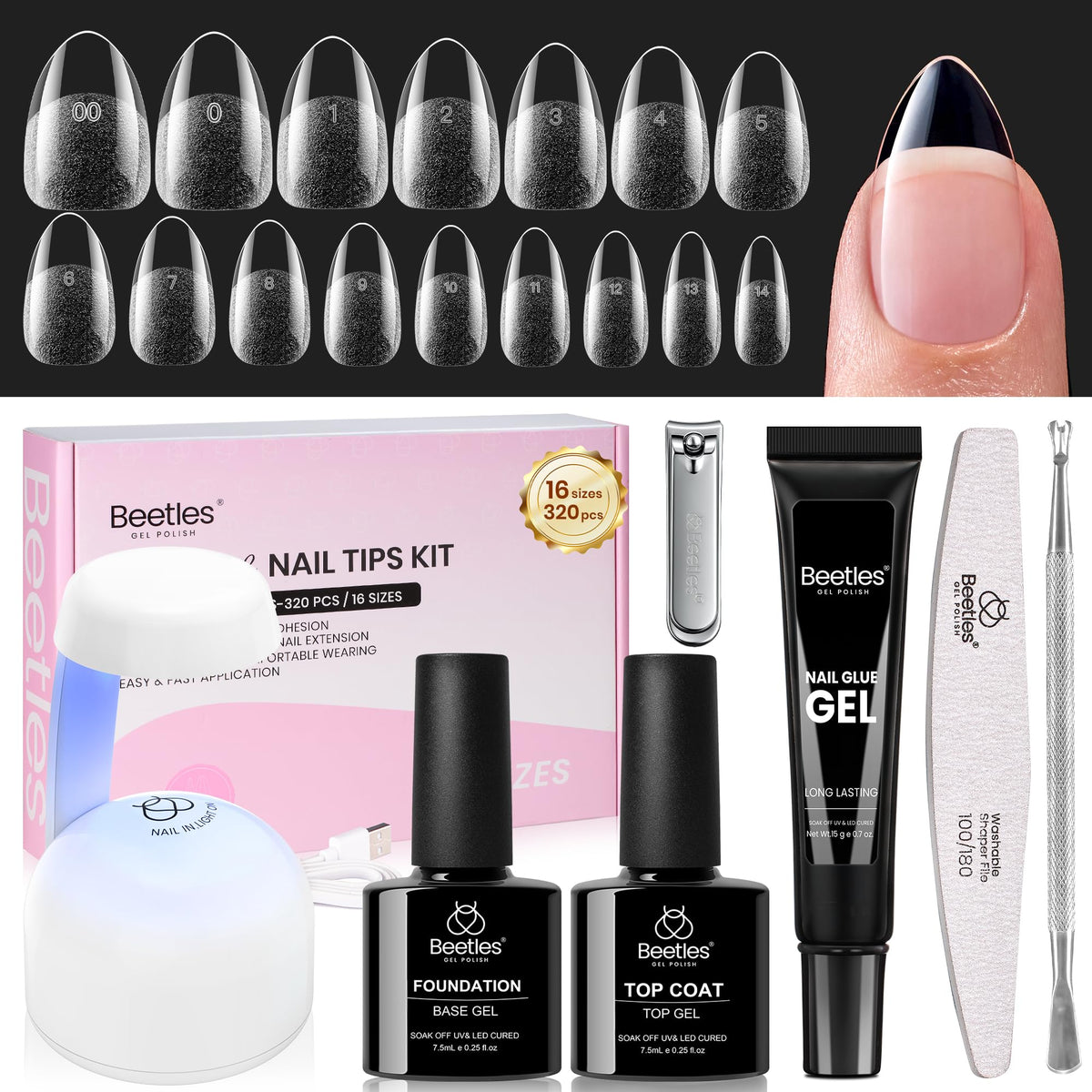 beetles Gel Nail Kit Flat-X Almond Short 320pcs nail tips set