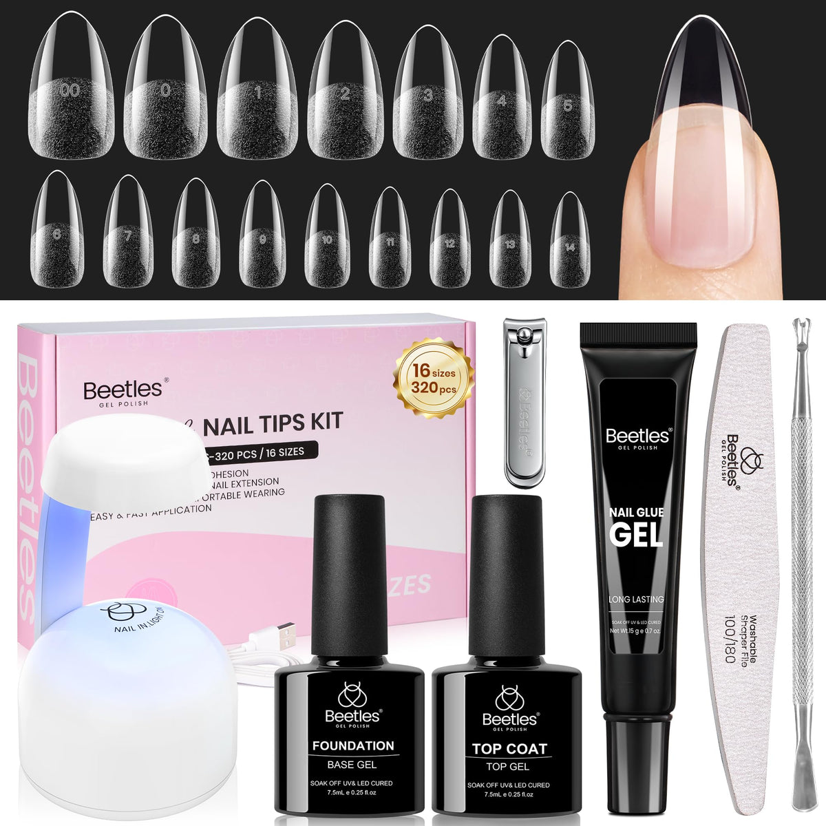 beetles Gel Nail Kit Flat-X Almond with nail tips and tools