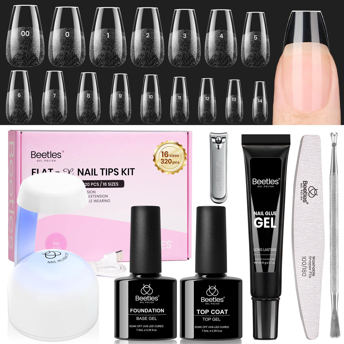 beetles Gel Nail Kit Flat-X Coffin Short with nail tips and tools