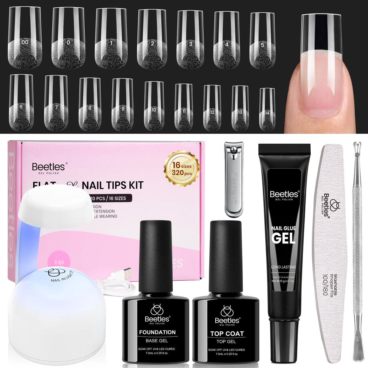 beetles Gel Nail Kit Flat-X Square Medium 320pcs Nail Tips front view