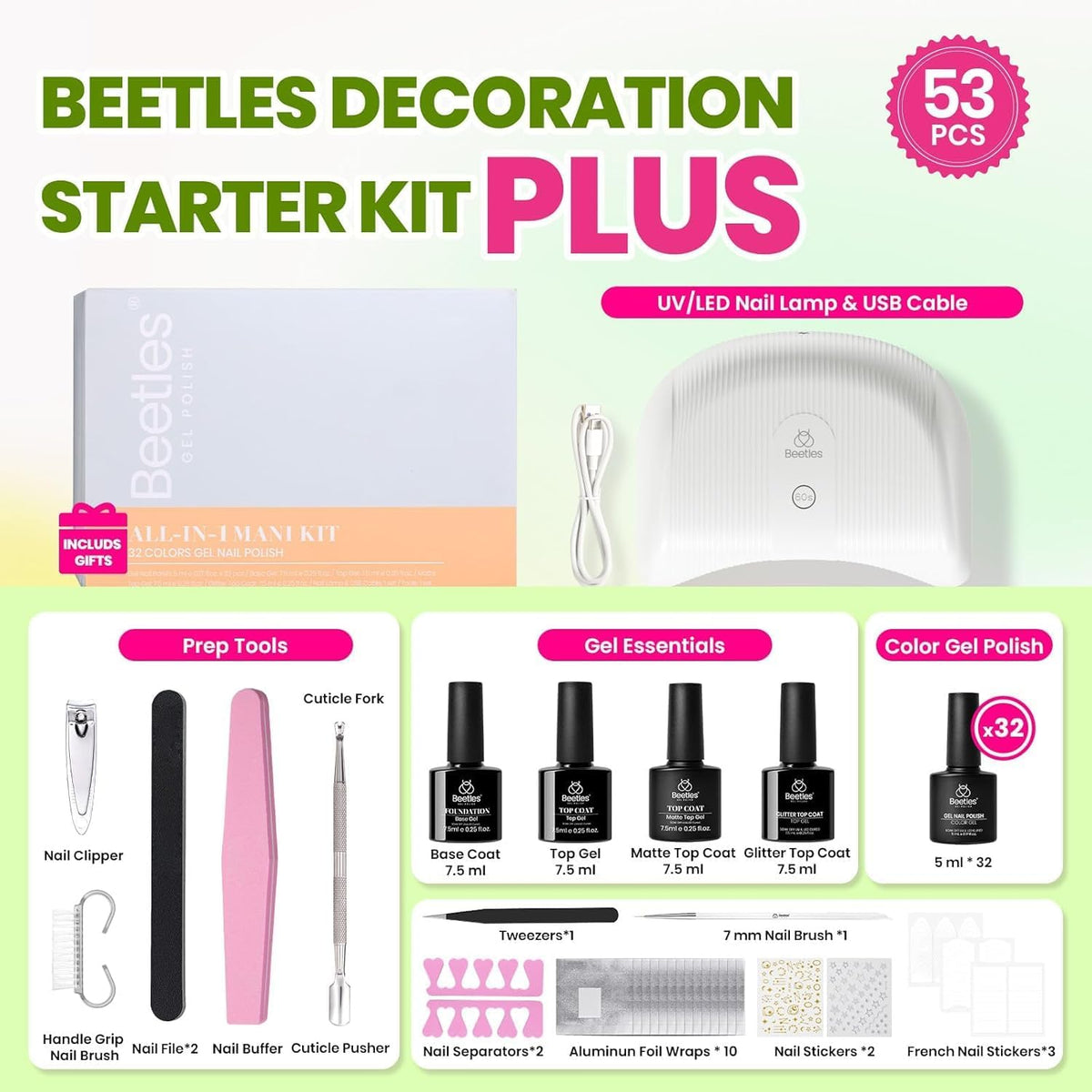 beetles Gel Nail Kit showing nail tools and polish bottles