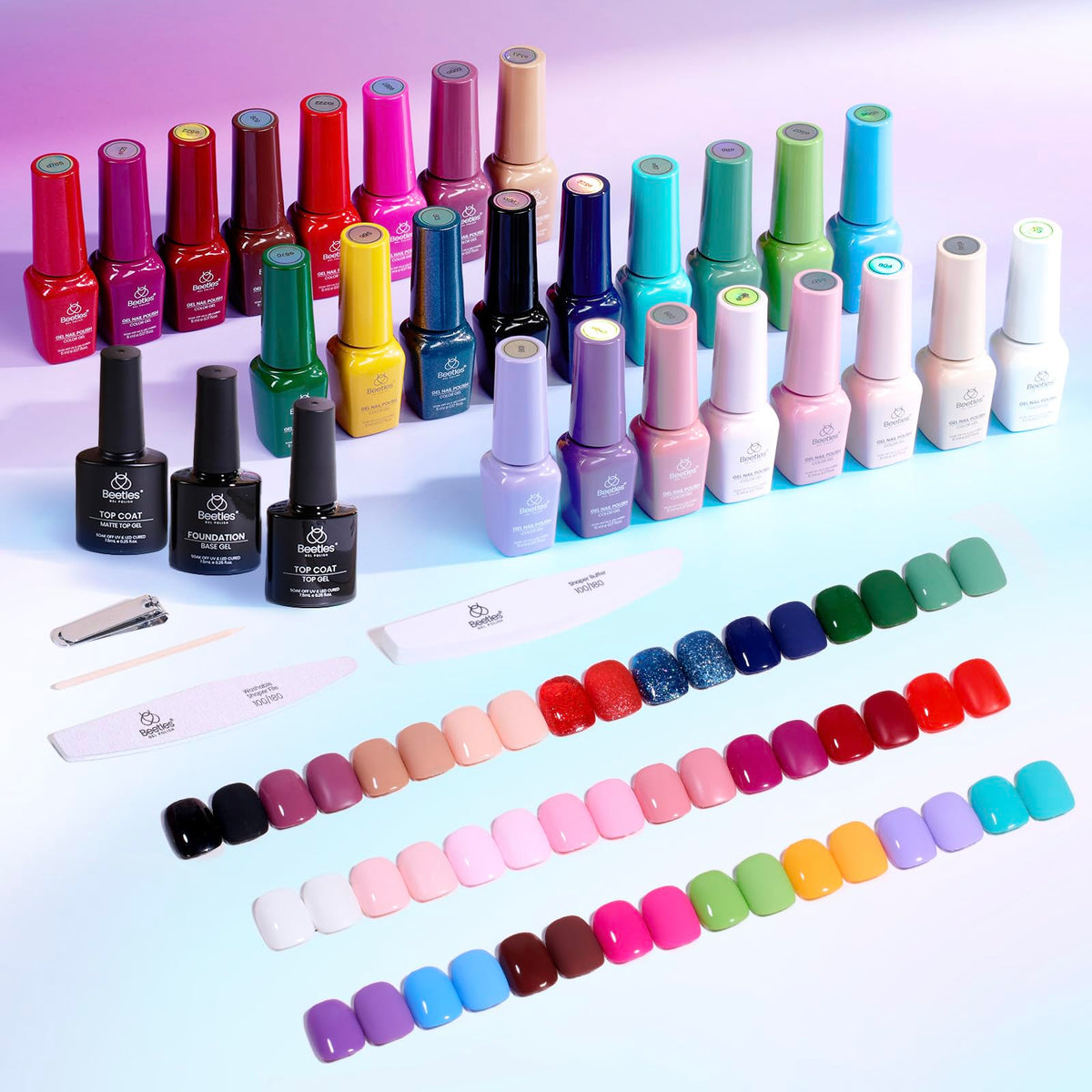 beetles Gel Nail Polish bottles arranged in a rainbow