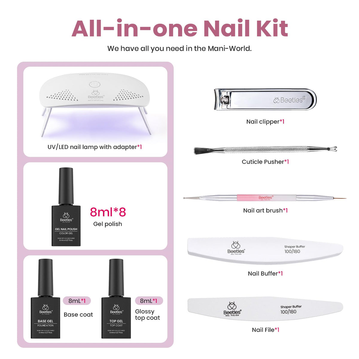beetles Gel Nail Polish Kit components laid out on a table