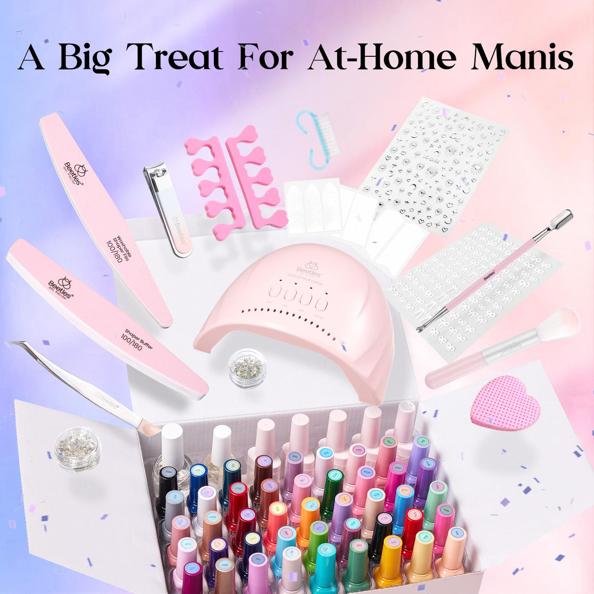 beetles Gel Nail Polish Kit with nail tools on a table