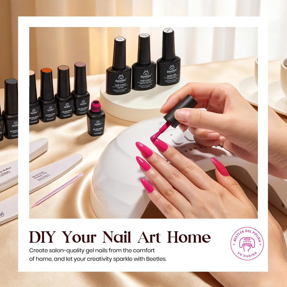 beetles Gel Nail Polish Set arranged with base gel and top coats