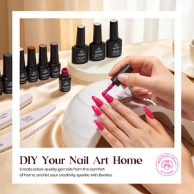 beetles Gel Nail Polish Set arranged with base gel and top coats