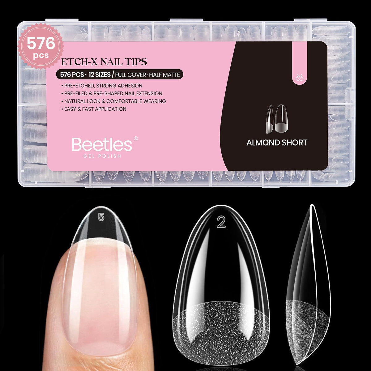 Beetles Gel Nail Tips 576Pcs Short Almond front view