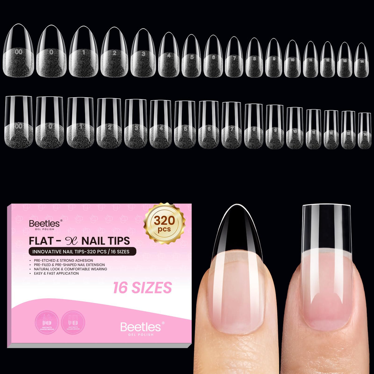 Beetles Gel Nail Tips Flat-X Almond Square Medium 320pcs front view