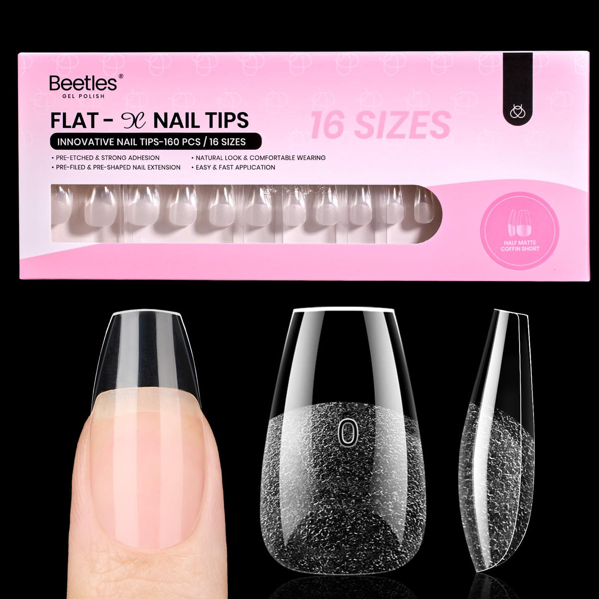 beetles Gel Nail Tips Flat-X Coffin Short box front view