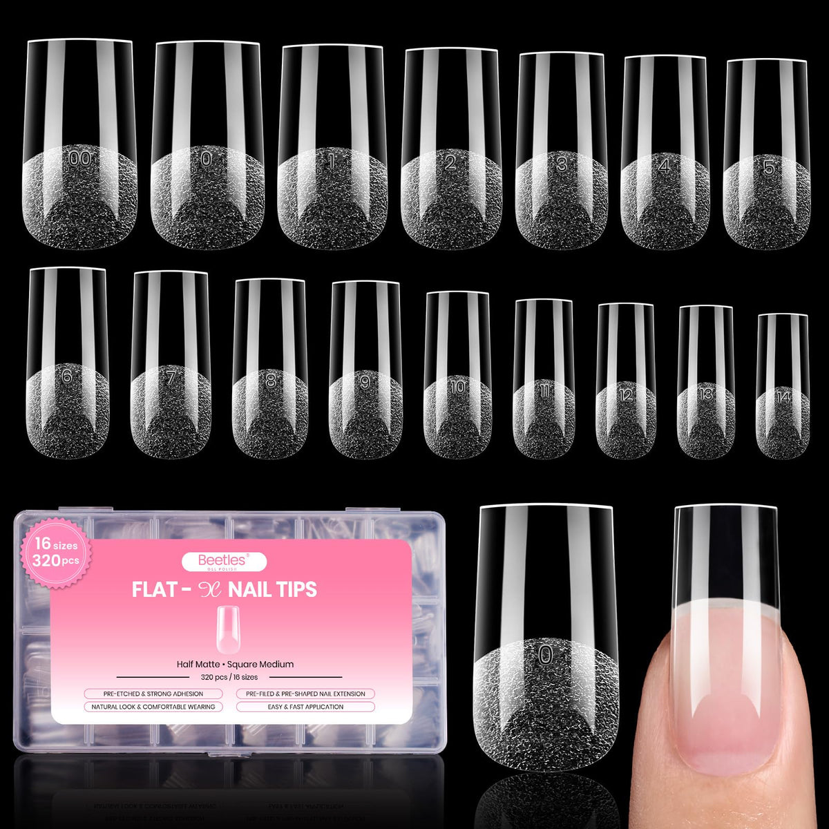 beetles Gel Nail Tips Flat-X Square Medium 320pcs front view